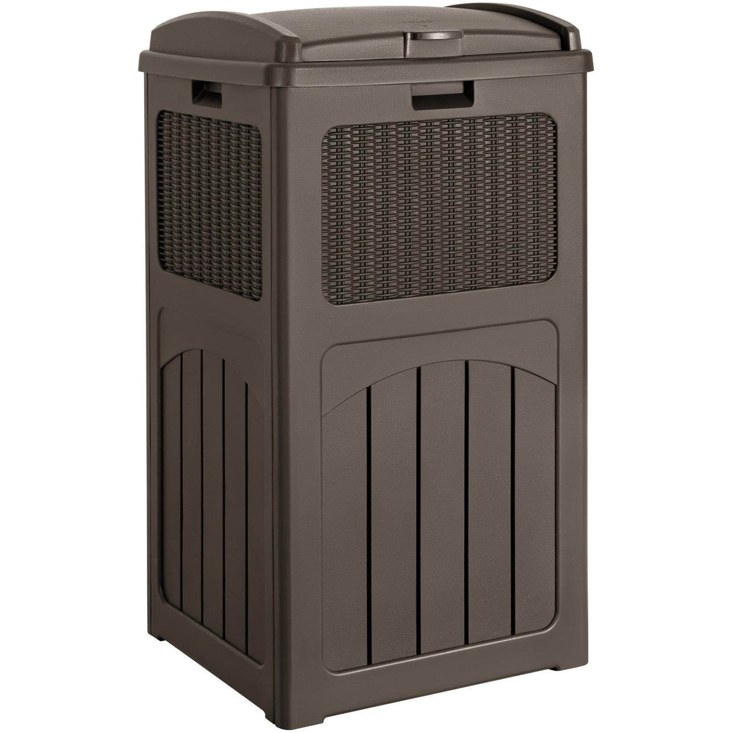 33 Gallon Outdoor Trash Can – Hideaway Resin Waste Bin, Waterproof, Tiered Lid, Patio Deck Backyard Garbage Container
