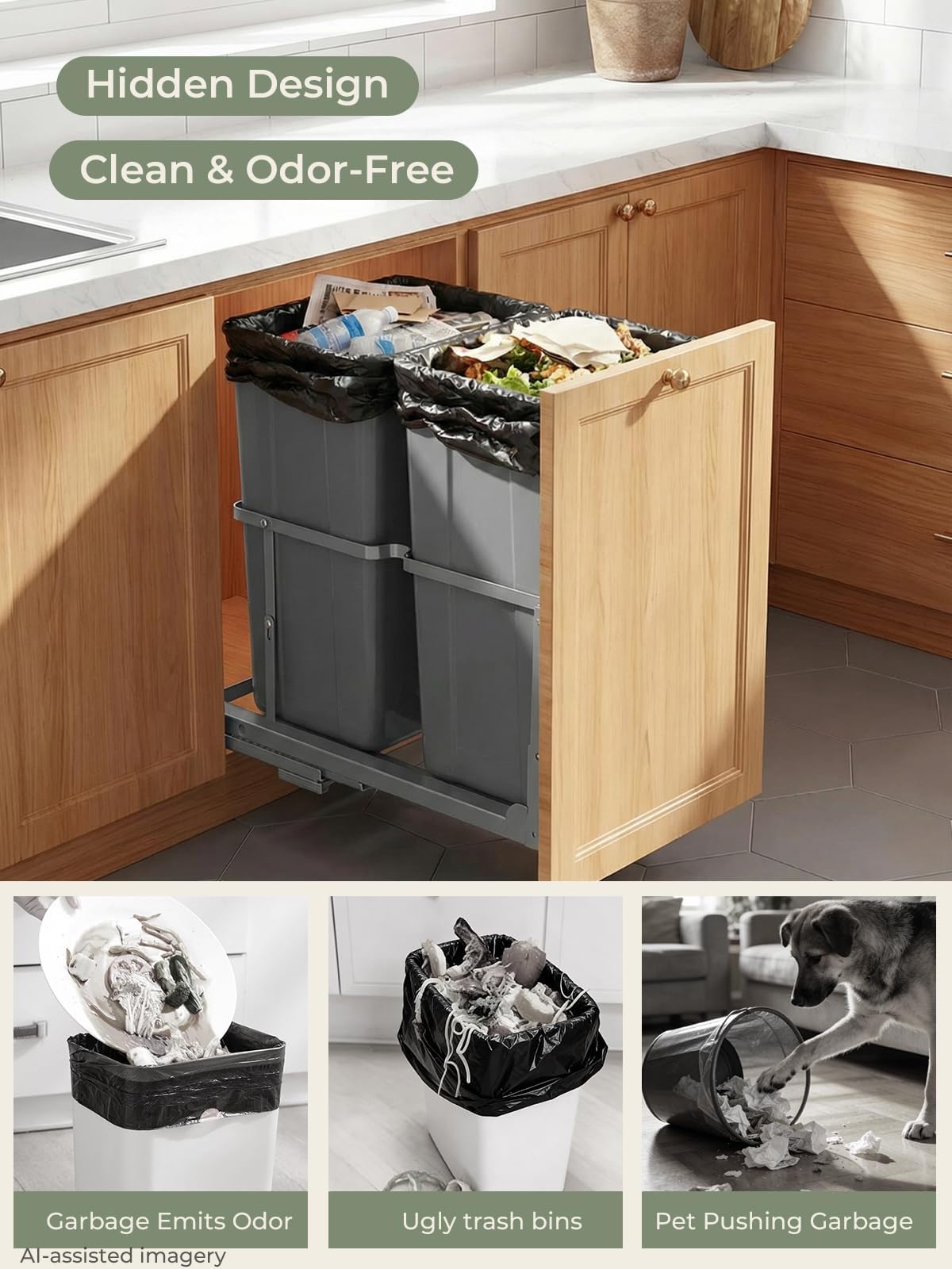 Under Sink Pull-Out Trash Can – 35QT x2, Dual Bin, Soft-Close, Full Extension Slides, Heavy Duty Kitchen Recycling System