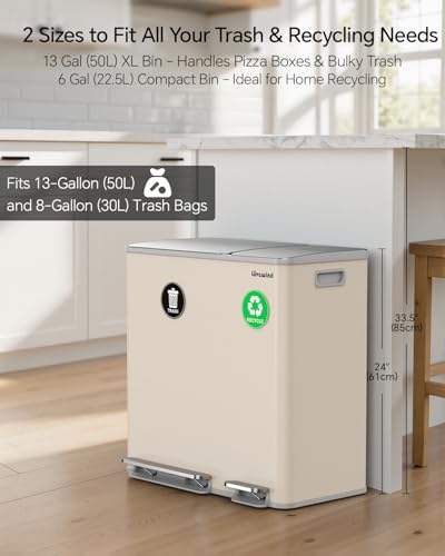 Dual Trash & Recycling Bin – Kitchen Waste Sorting System, Stainless Steel Step Trash Can Combo