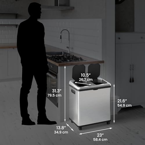 16 Gallon Smart Trash Can & Recycling Bin – Touchless, Dual Bucket, Stainless Steel, Motion Sensor