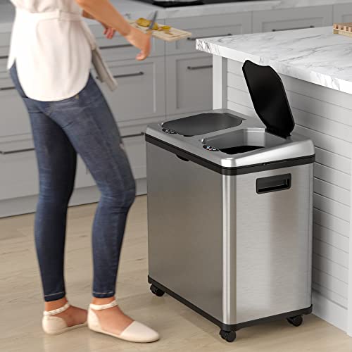 16 Gallon Smart Trash Can & Recycling Bin – Touchless, Dual Bucket, Stainless Steel, Motion Sensor