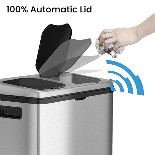 16 Gallon Smart Trash Can & Recycling Bin – Touchless, Dual Bucket, Stainless Steel, Motion Sensor