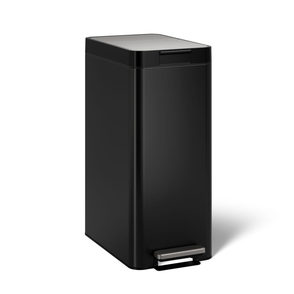 13 Gallon Slim Step Trash Can, Black Stainless Steel Space-Saving Bifold Lid Waste Bin