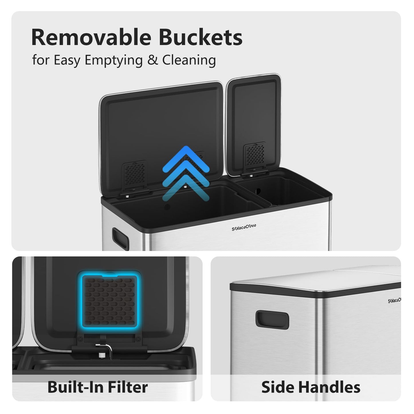Stainless Steel Dual Compartment Trash Can – Kitchen Recycling Bin Combo, Foot Pedal, Soft-Close Lid