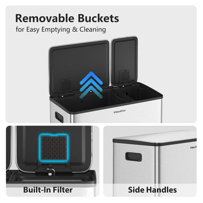 Stainless Steel Dual Compartment Trash Can – Kitchen Recycling Bin Combo, Foot Pedal, Soft-Close Lid