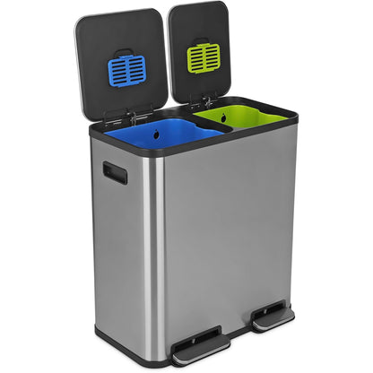 Dual Compartment Step Trash Can – Hands-Free Kitchen Recycling Bin, Rectangular Stainless Steel Waste Bin