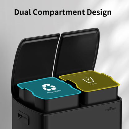 16 Gallon Triple Compartment Trash Can – Stainless Steel, Foot Pedal, Recycling Bin Combo