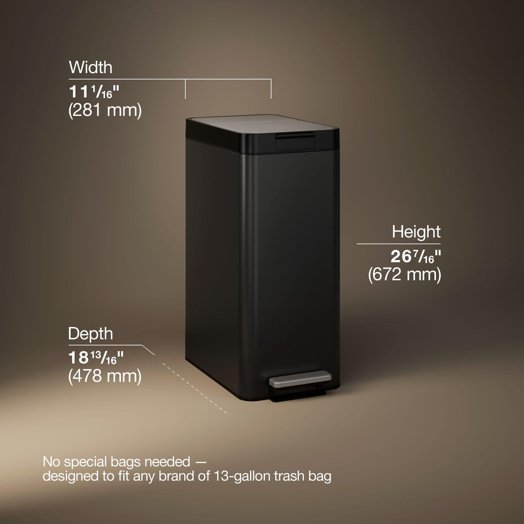 13 Gallon Slim Step Trash Can, Black Stainless Steel Space-Saving Bifold Lid Waste Bin