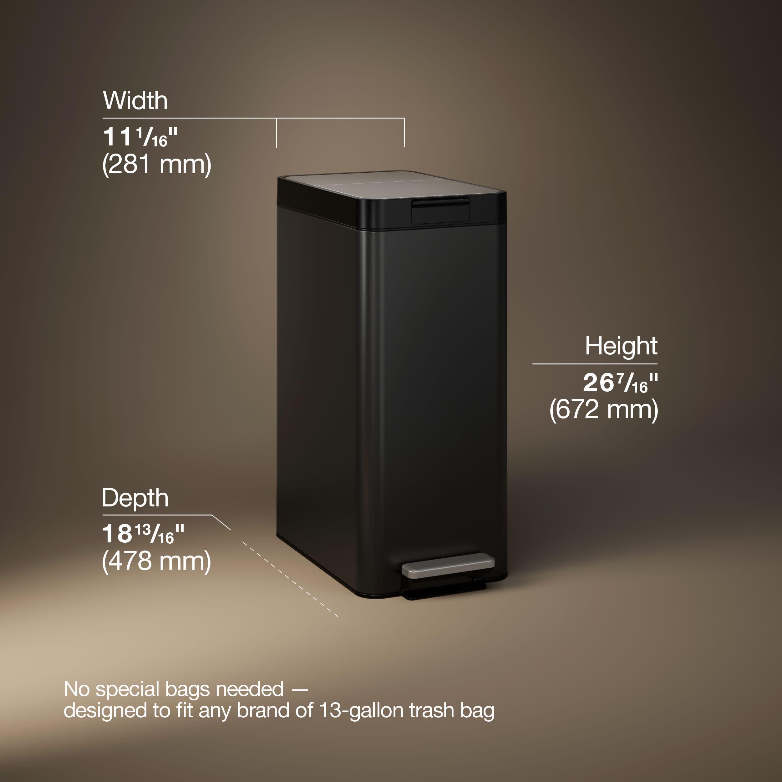 13 Gallon Slim Step Trash Can, Black Stainless Steel Space-Saving Bifold Lid Waste Bin