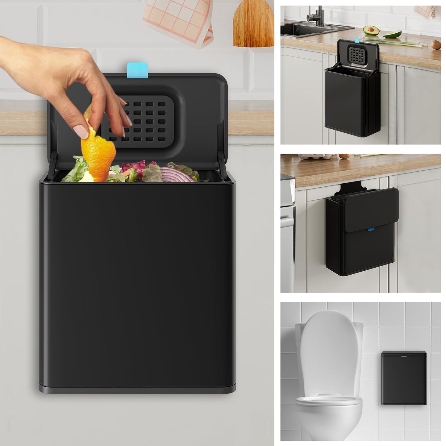 Hanging Stainless Steel Trash Can – With Lid & Inner Bucket, Wall Mount Kitchen Waste Bin