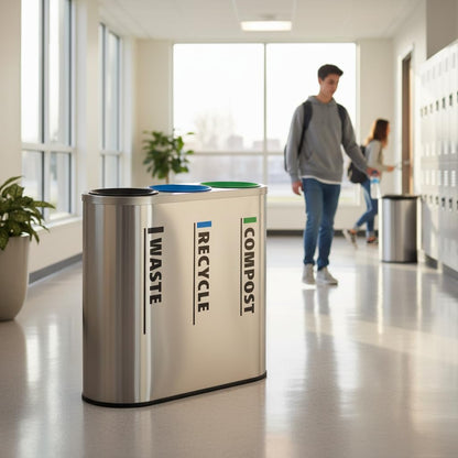 33 Gallon Stainless Steel Recycling Station – Triple Compartment, Trash / Recycling / Compost, Multi-Bin Sorting, Commercial Waste Bin