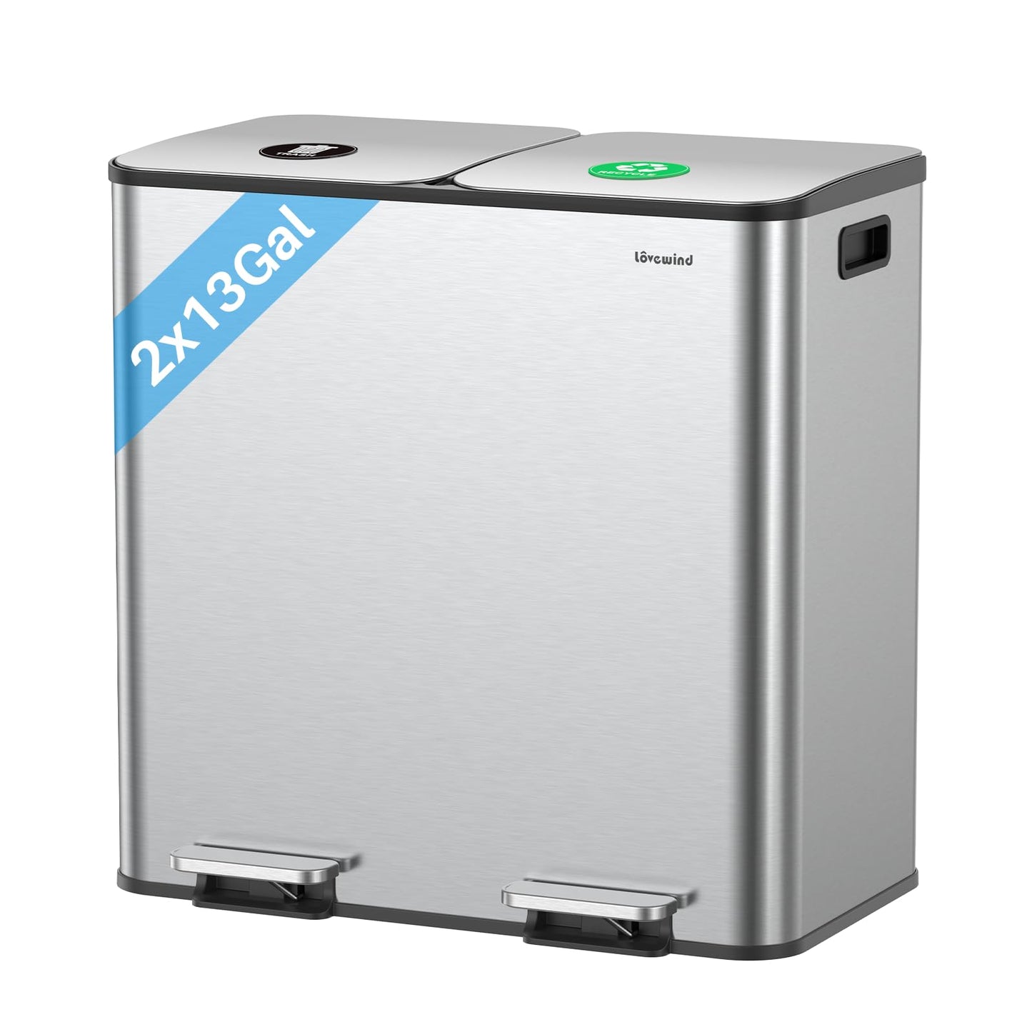 Dual Trash and Recycling Bins for Kitchen, 2×13 Gallon (2× 50L) Stainless Steel Trash and Recycle Bin Combo with Soft-Close Lid, Large Garbage Cans for Kitchen Home with 2 Magnets Sticker