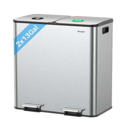 Dual Trash and Recycling Bins for Kitchen, 2×13 Gallon (2× 50L) Stainless Steel Trash and Recycle Bin Combo with Soft-Close Lid, Large Garbage Cans for Kitchen Home with 2 Magnets Sticker