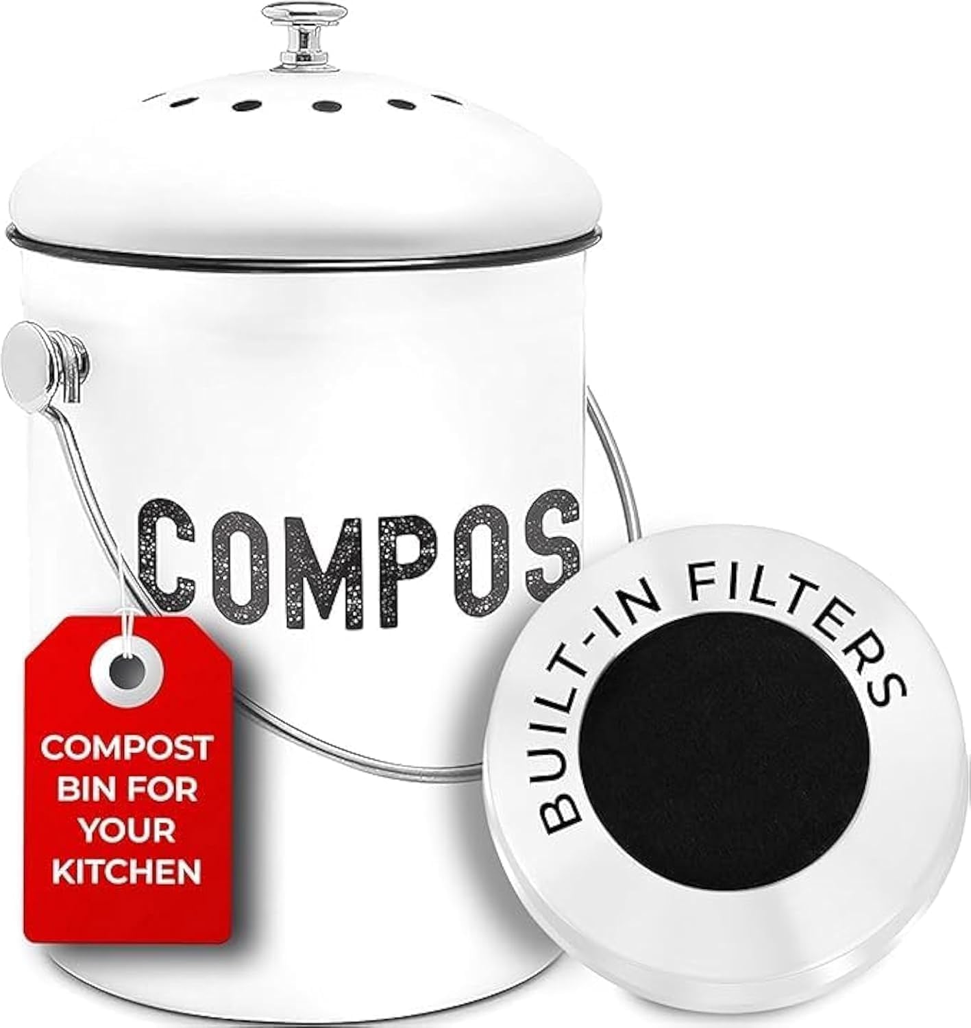 Compost Bin – 1.3 Gallon, Kitchen Countertop Waste Bin, Charcoal Filter, Odor Control
