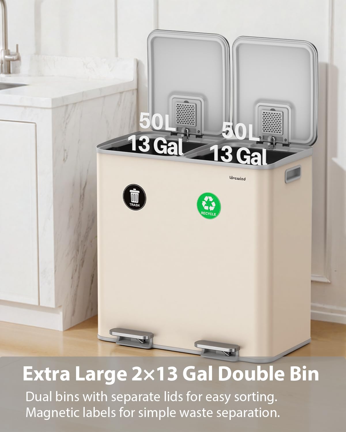 Dual Trash and Recycling Bins for Kitchen, 2×13 Gallon (2× 50L) Stainless Steel Trash and Recycle Bin Combo with Soft-Close Lid, Large Garbage Cans for Kitchen Home with 2 Magnets Sticker
