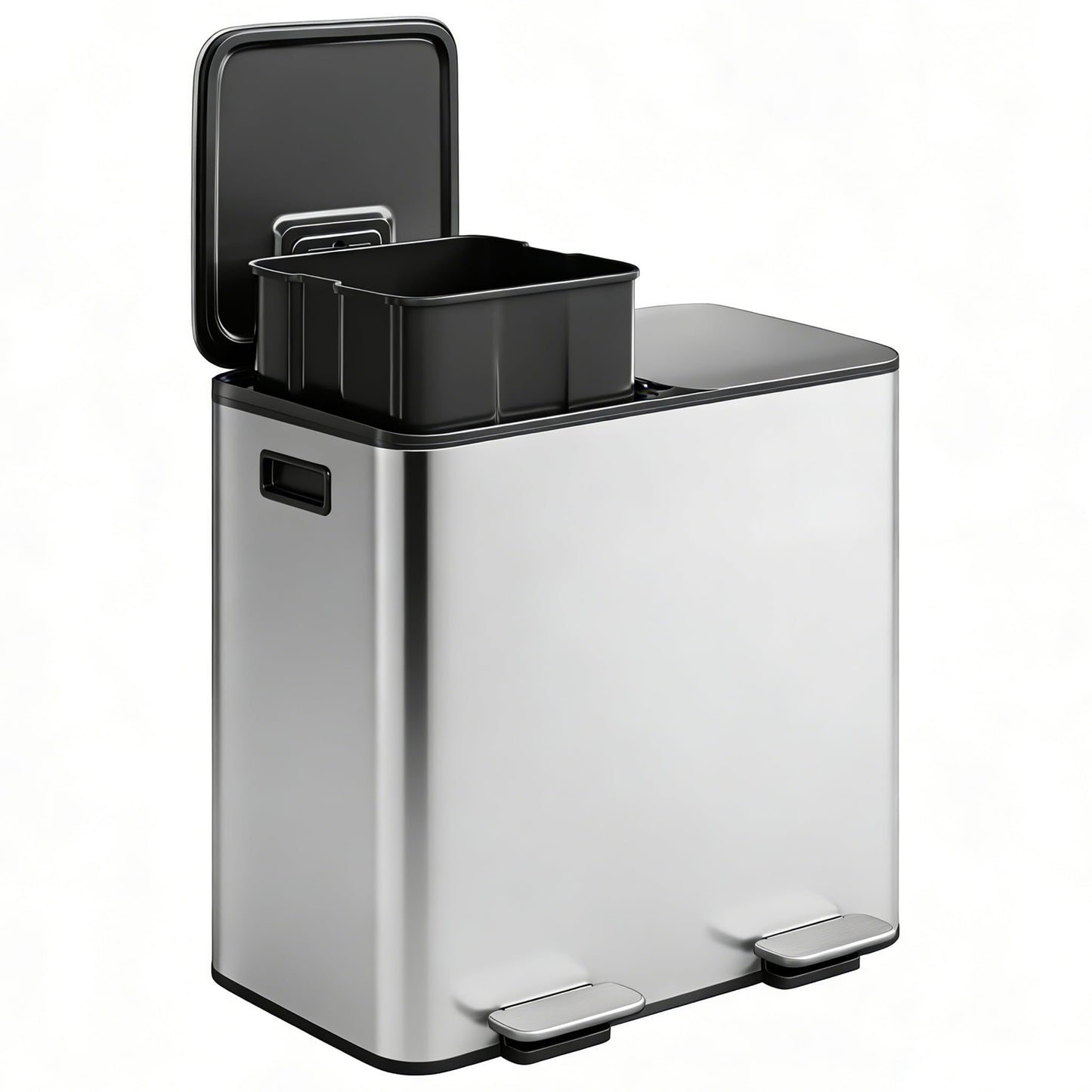 Double Step Trash Can – 2 x 8 Gallon, Stainless Steel, Dual Compartment, Soft-Close Lid, Recycling Bin