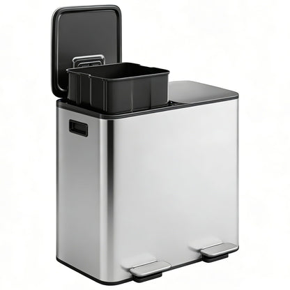 Double Step Trash Can – 2 x 8 Gallon, Stainless Steel, Dual Compartment, Soft-Close Lid, Recycling Bin