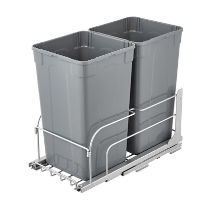 Under Sink Pull-Out Trash Can – Double Bin, Heavy Duty Metal Slides, Full Extension, Kitchen Recycling System, Grey