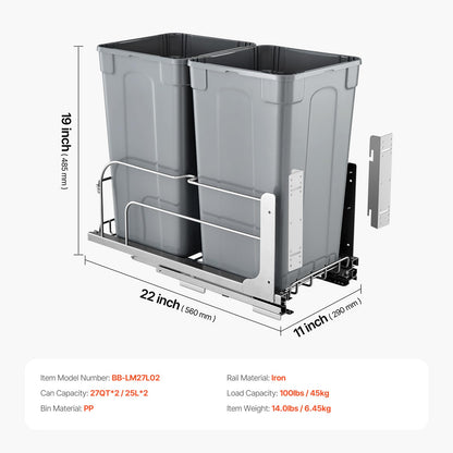 Under Sink Pull-Out Trash Can – Double Bin, Heavy Duty Metal Slides, Full Extension, Kitchen Recycling System, Grey