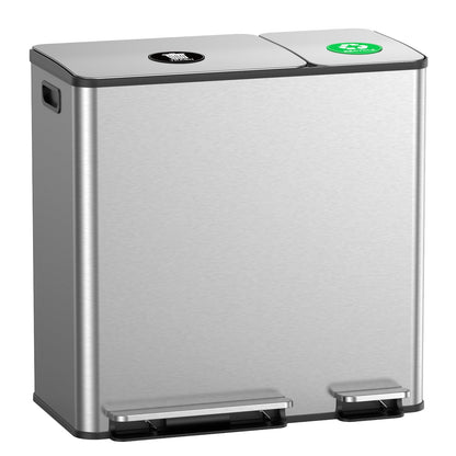 Dual Trash & Recycling Bin – Kitchen Waste Sorting System, Stainless Steel Step Trash Can Combo