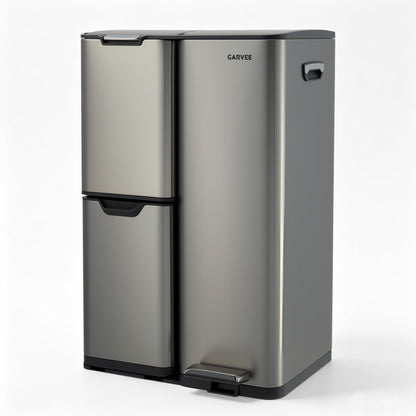 16 Gallon Triple Compartment Trash Can – Stainless Steel, Foot Pedal, Removable Buckets, Lid, Recycling Bin Combo