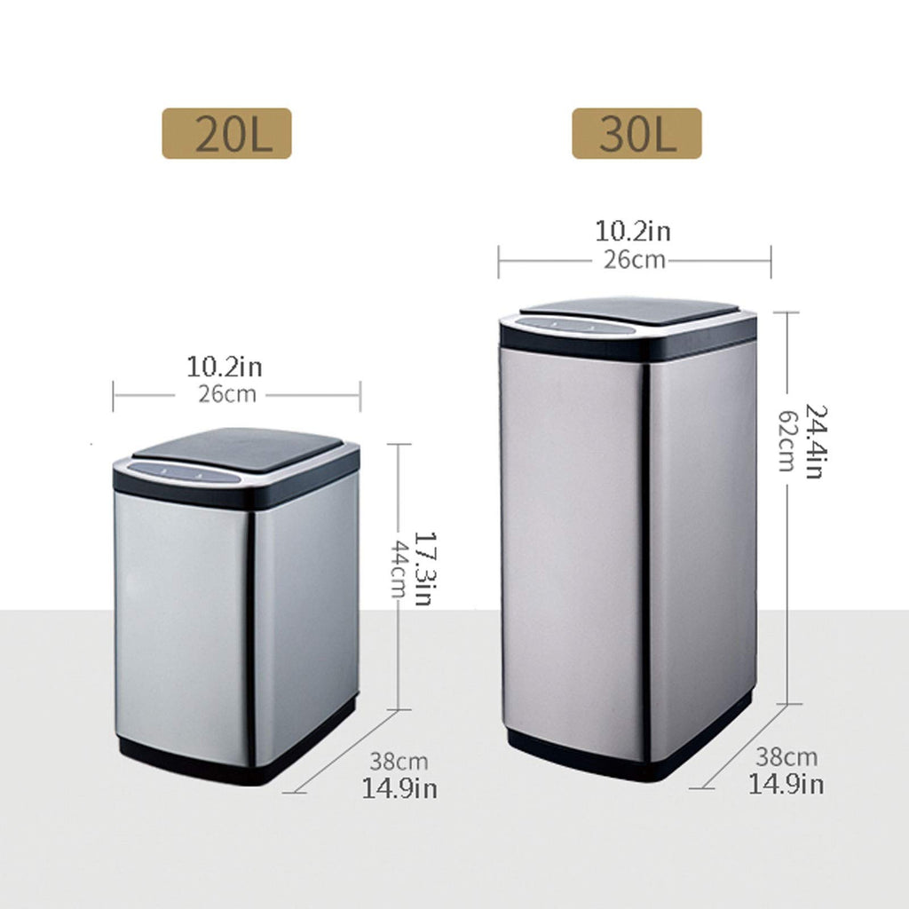 Smart Stainless Steel Touchless Trash Can, 20–30L Rectangular Kitchen Waste Bin with Lid