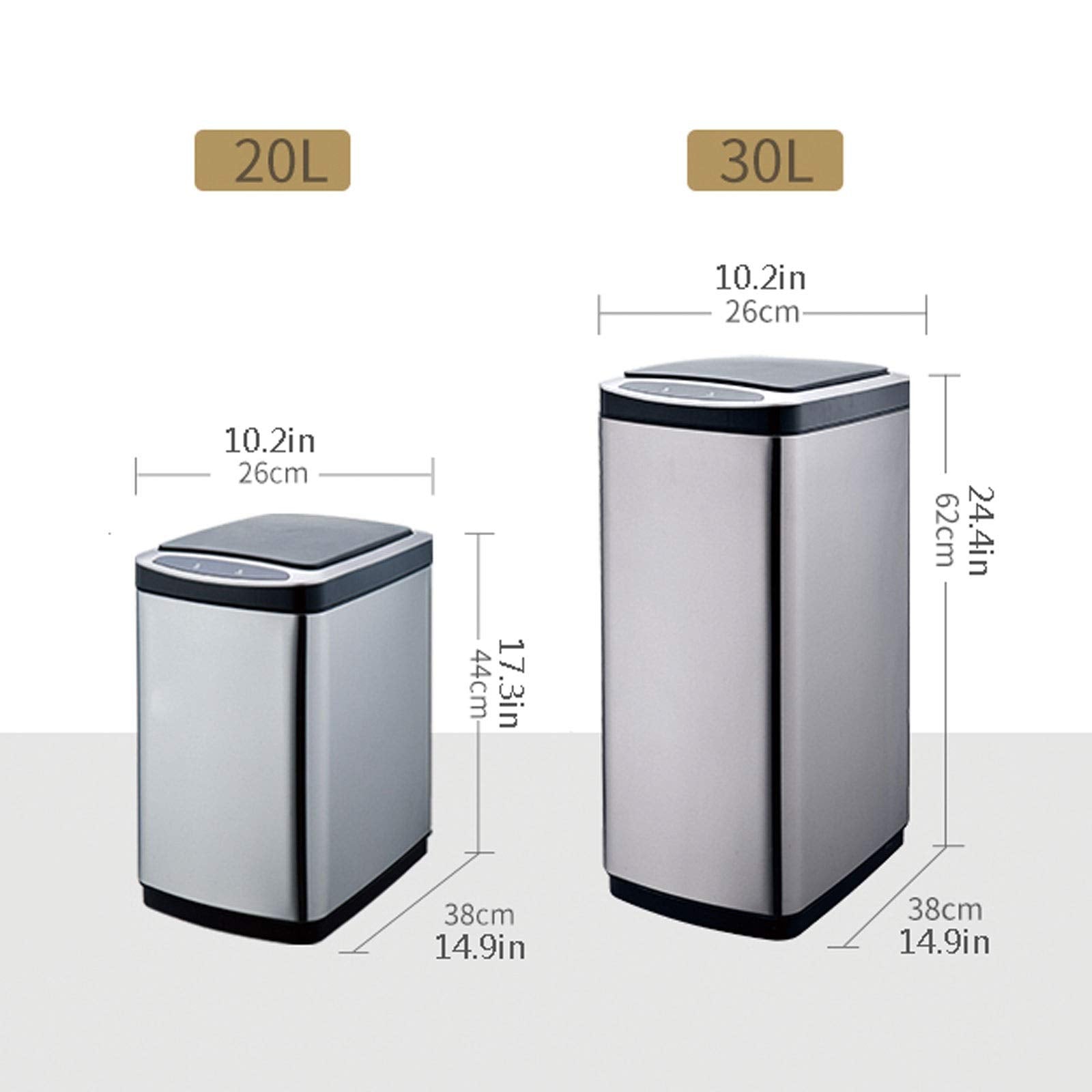 Smart Stainless Steel Touchless Trash Can, 20–30L Rectangular Kitchen Waste Bin with Lid