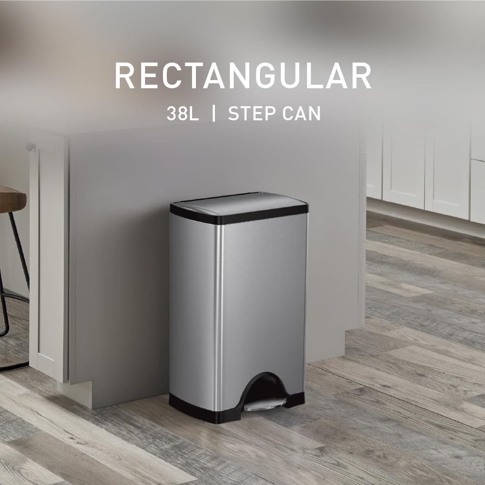 Rectangular Step Trash Can – Brushed Stainless Steel, Kitchen Waste Bin, Soft-Close Lid