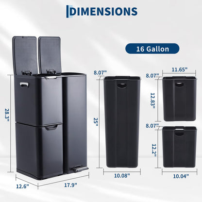 16 Gallon Triple Compartment Trash Can – Stainless Steel, Foot Pedal, Removable Buckets, Lid, Recycling Bin Combo