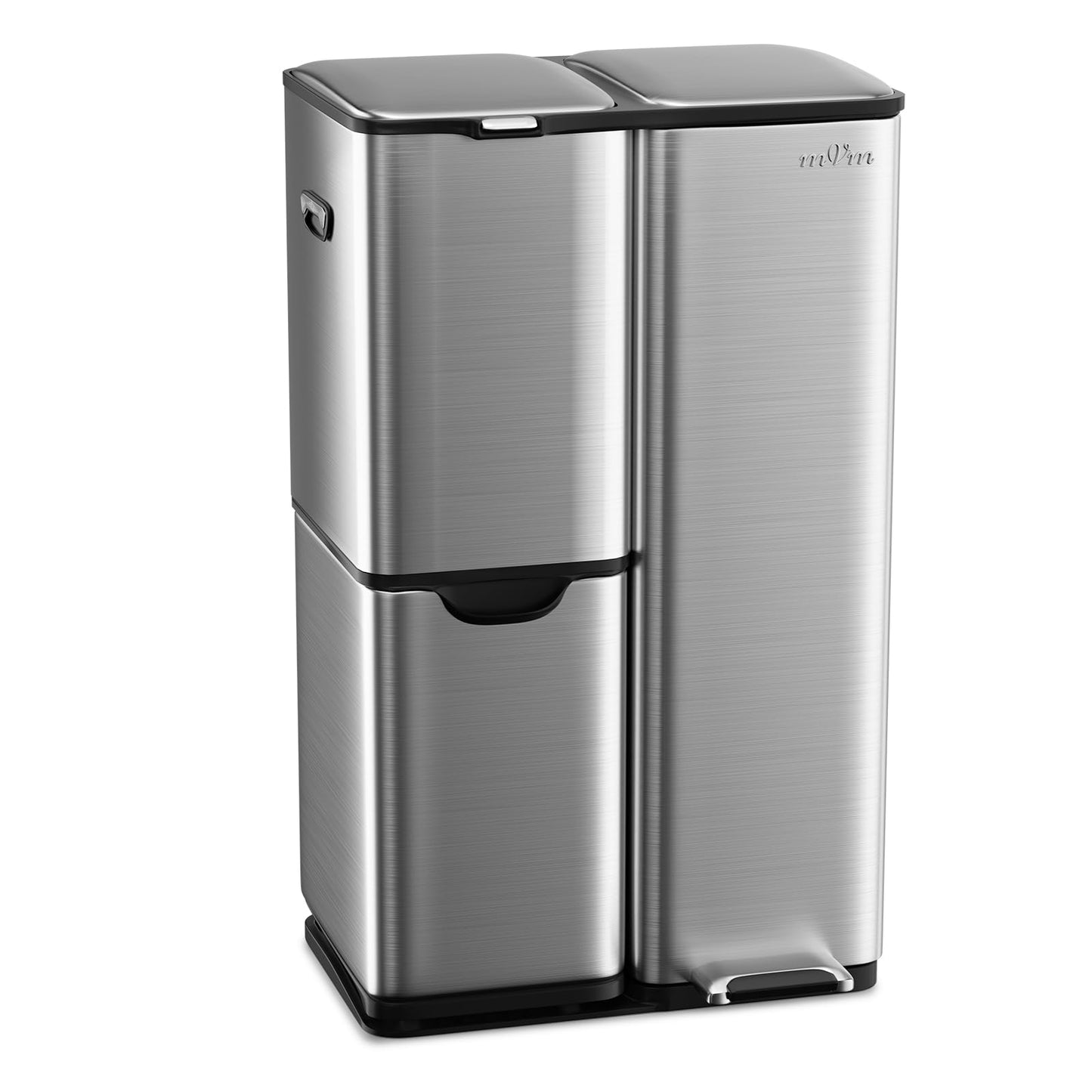 16 Gallon Triple Compartment Trash Can – Stainless Steel, Foot Pedal, Recycling Bin Combo