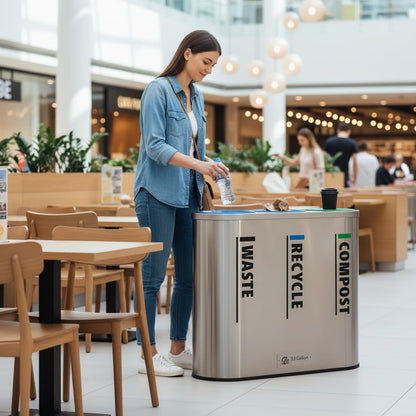33 Gallon Stainless Steel Recycling Station – Triple Compartment, Trash / Recycling / Compost, Multi-Bin Sorting, Commercial Waste Bin