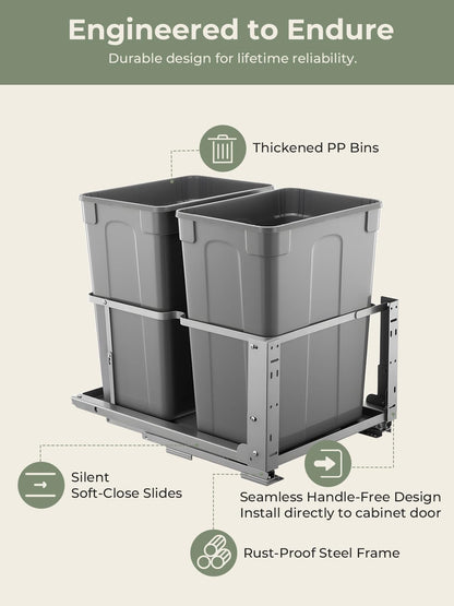 Under Sink Pull-Out Trash Can – 35QT x2, Dual Bin, Soft-Close, Full Extension Slides, Heavy Duty Kitchen Recycling System