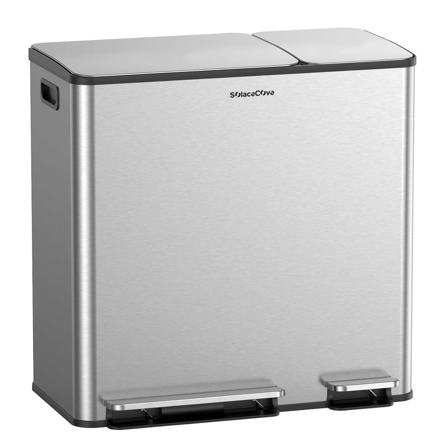 Stainless Steel Dual Compartment Trash Can – Kitchen Recycling Bin Combo, Foot Pedal, Soft-Close Lid
