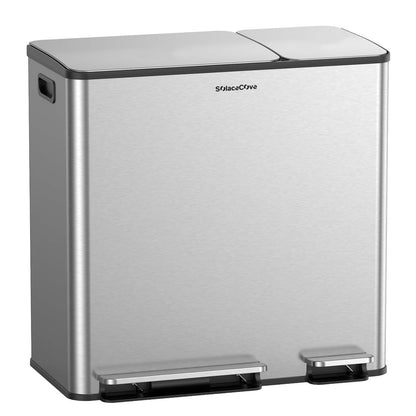 Stainless Steel Dual Compartment Trash Can – Kitchen Recycling Bin Combo, Foot Pedal, Soft-Close Lid