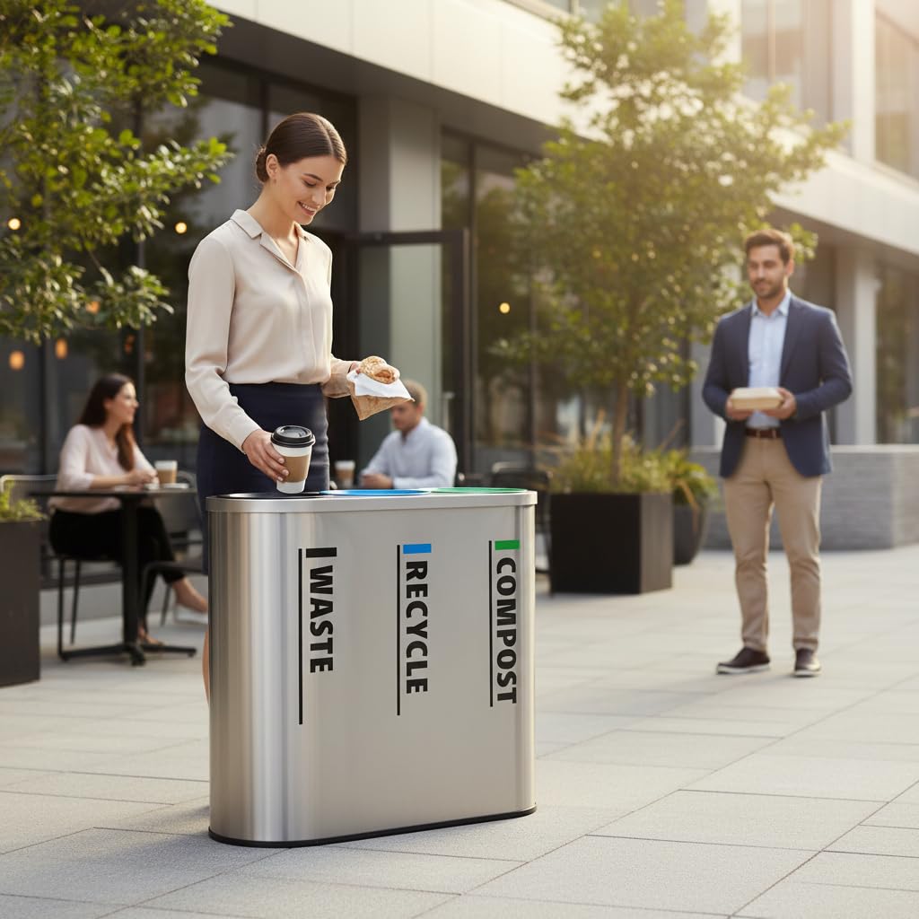 33 Gallon Stainless Steel Recycling Station – Triple Compartment, Trash / Recycling / Compost, Multi-Bin Sorting, Commercial Waste Bin