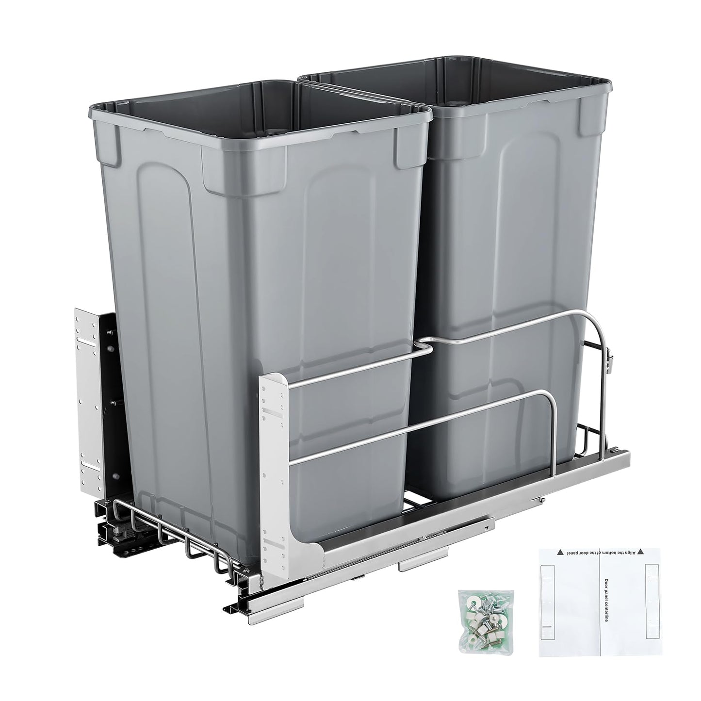 Under Sink Pull-Out Trash Can – Double Bin, Heavy Duty Metal Slides, Full Extension, Kitchen Recycling System, Grey