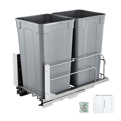 Under Sink Pull-Out Trash Can – Double Bin, Heavy Duty Metal Slides, Full Extension, Kitchen Recycling System, Grey