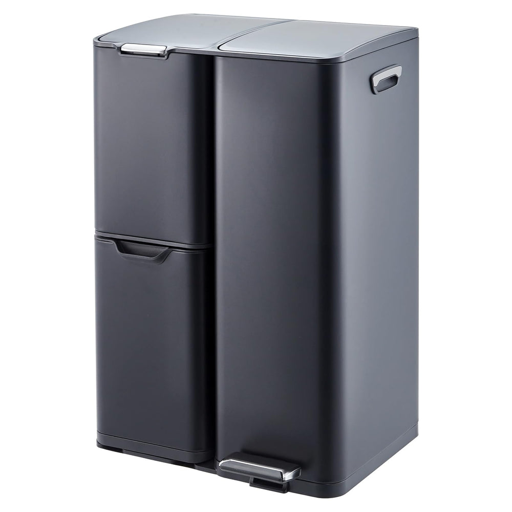 16 Gallon Triple Compartment Trash Can – Stainless Steel, Foot Pedal, Removable Buckets, Lid, Recycling Bin Combo