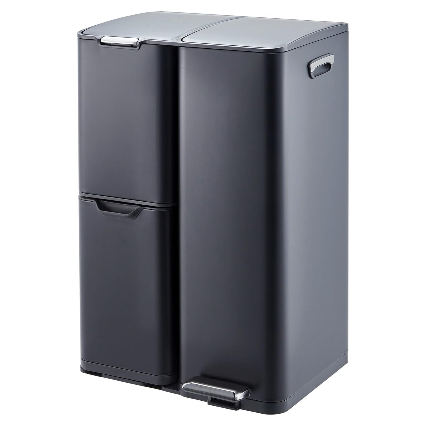 16 Gallon Triple Compartment Trash Can – Stainless Steel, Foot Pedal, Removable Buckets, Lid, Recycling Bin Combo
