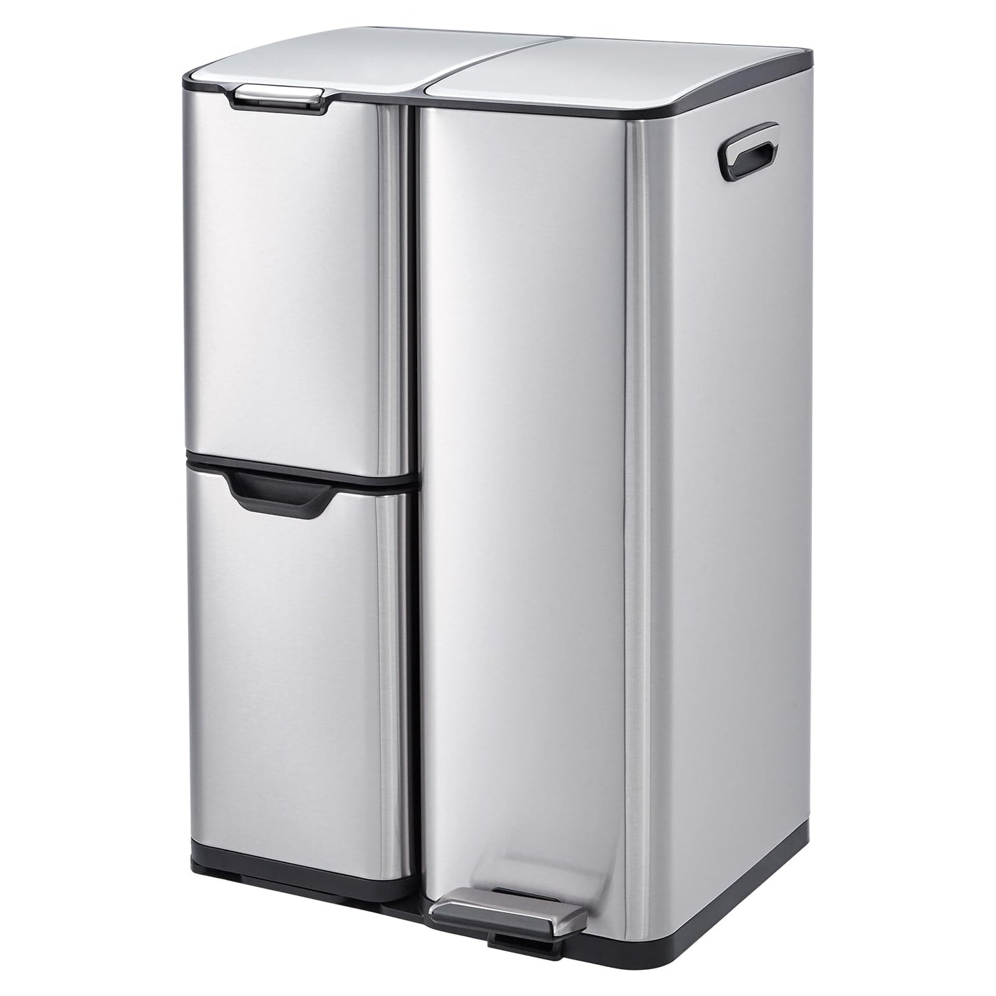 16 Gallon Triple Compartment Trash Can – Stainless Steel, Foot Pedal, Removable Buckets, Lid, Recycling Bin Combo