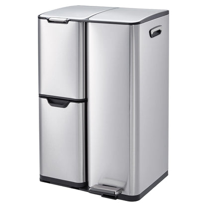 16 Gallon Triple Compartment Trash Can – Stainless Steel, Foot Pedal, Removable Buckets, Lid, Recycling Bin Combo