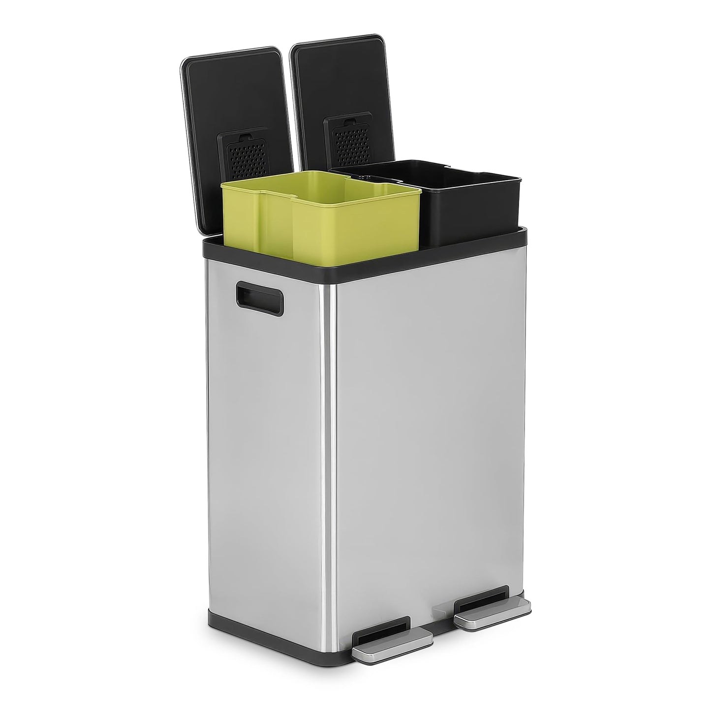 Dual Compartment Step Trash Can – Hands-Free Kitchen Recycling Bin, Rectangular Stainless Steel Waste Bin