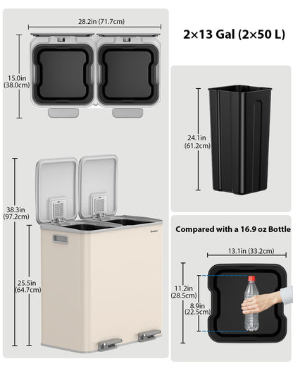 Dual Trash and Recycling Bins for Kitchen, 2×13 Gallon (2× 50L) Stainless Steel Trash and Recycle Bin Combo with Soft-Close Lid, Large Garbage Cans for Kitchen Home with 2 Magnets Sticker