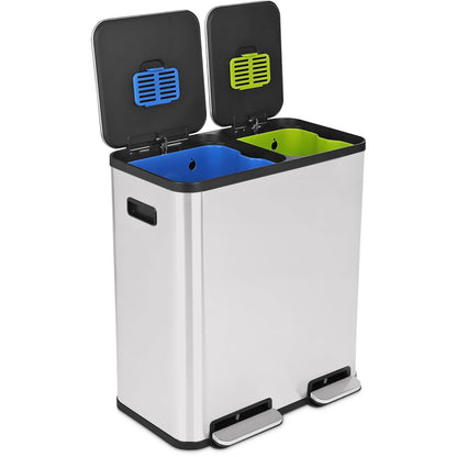 Dual Compartment Step Trash Can – Hands-Free Kitchen Recycling Bin, Rectangular Stainless Steel Waste Bin