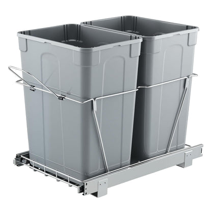 Under Sink Pull-Out Trash Can – Double Bin, Heavy Duty Metal Slides, Full Extension, Kitchen Recycling System, Grey