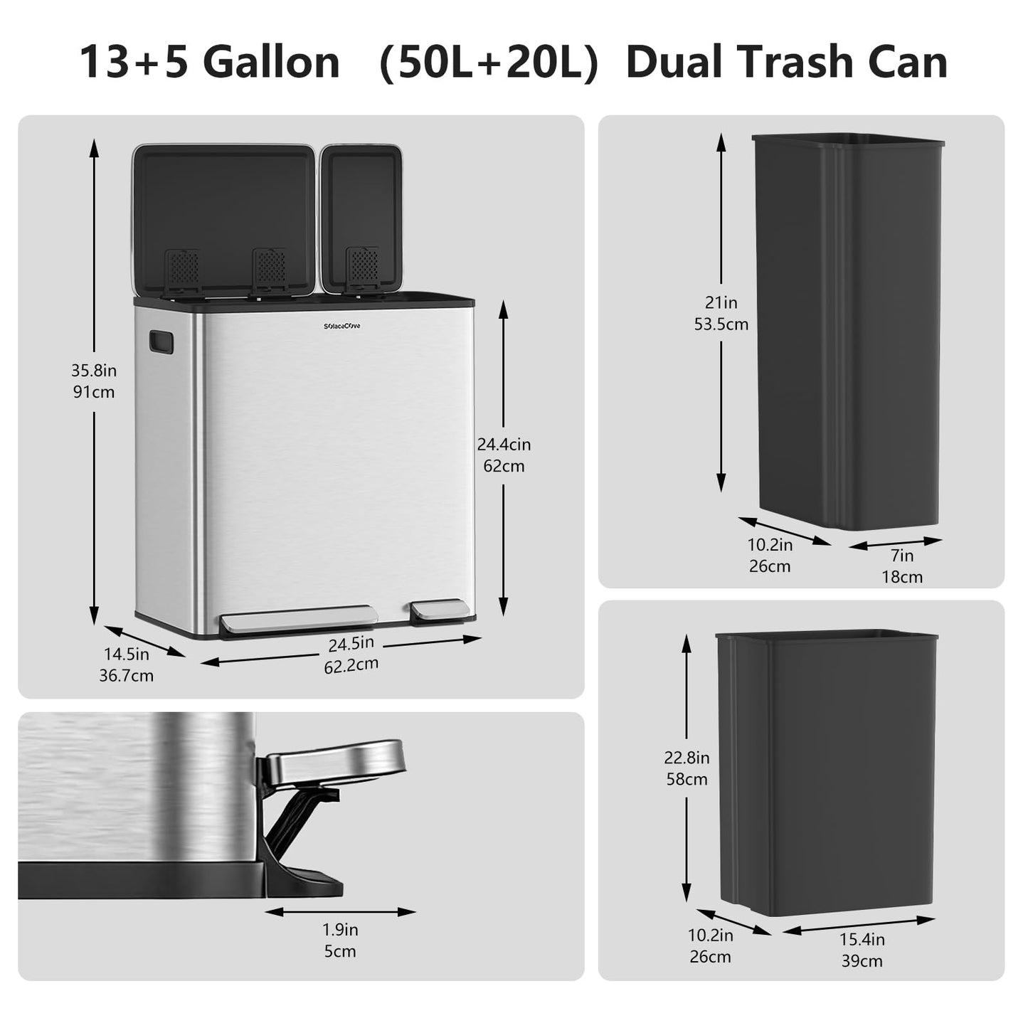 Stainless Steel Dual Compartment Trash Can – Kitchen Recycling Bin Combo, Foot Pedal, Soft-Close Lid