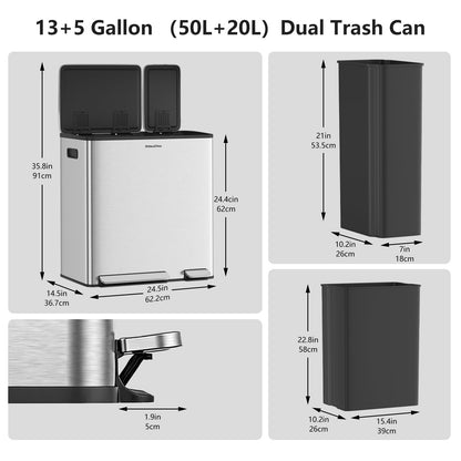Stainless Steel Dual Compartment Trash Can – Kitchen Recycling Bin Combo, Foot Pedal, Soft-Close Lid