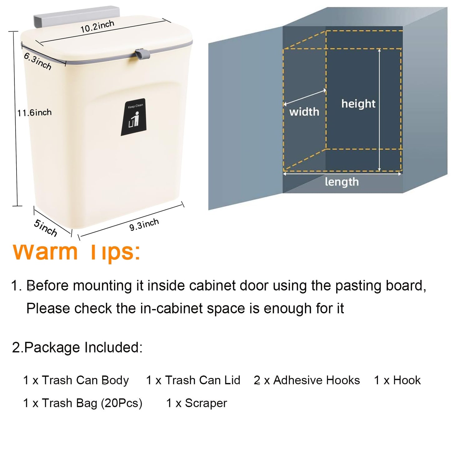 2.4 Gallon Kitchen Compost Bin – Countertop / Under Sink, Hanging Lid, Mountable Indoor Waste Bin