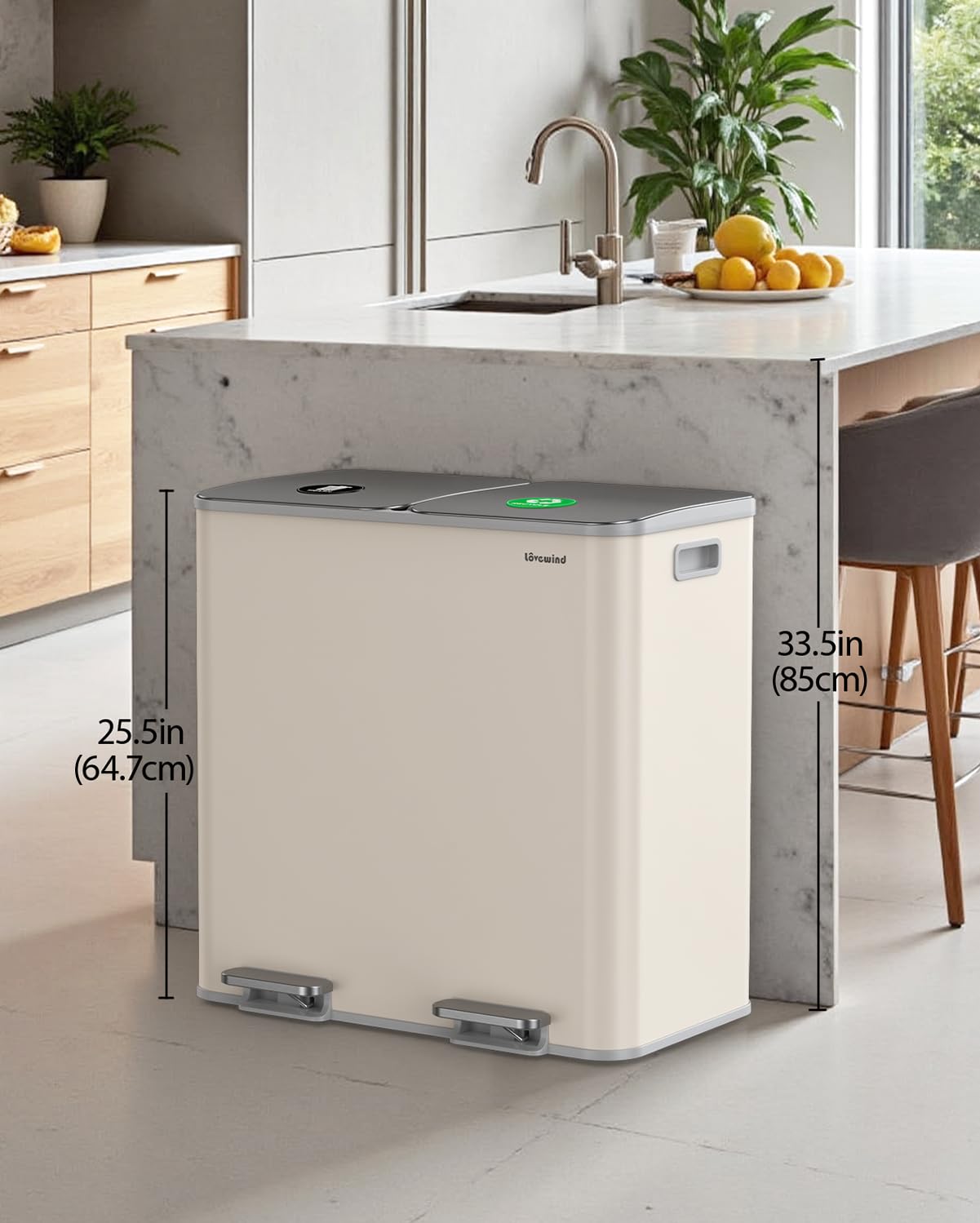 Dual Trash and Recycling Bins for Kitchen, 2×13 Gallon (2× 50L) Stainless Steel Trash and Recycle Bin Combo with Soft-Close Lid, Large Garbage Cans for Kitchen Home with 2 Magnets Sticker