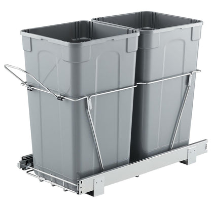 Under Sink Pull-Out Trash Can – Double Bin, Heavy Duty Metal Slides, Full Extension, Kitchen Recycling System, Grey